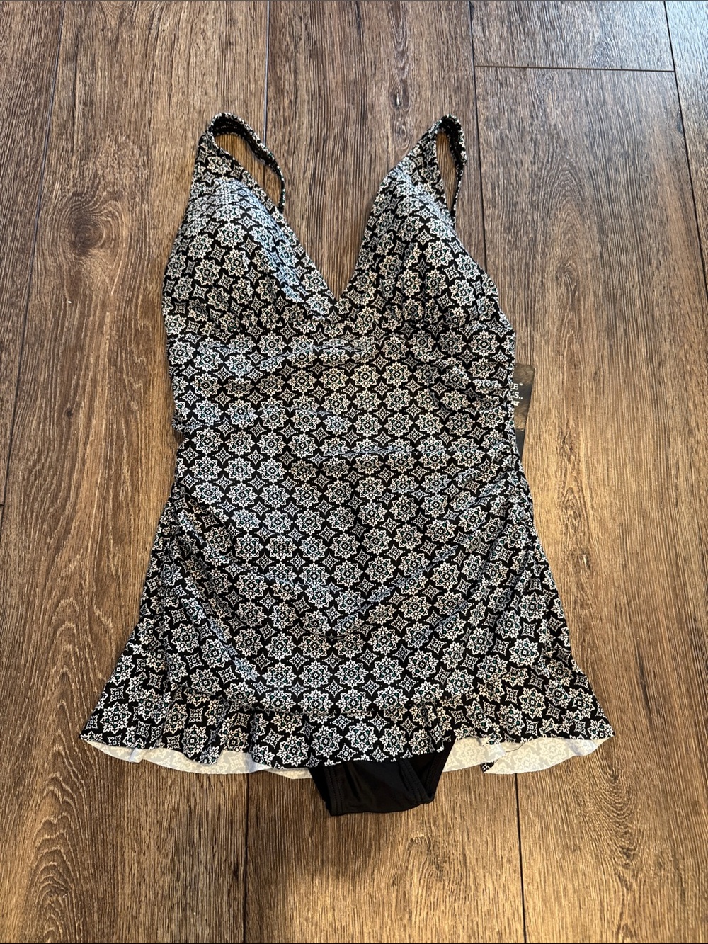 Black & White Printed Swimdress with Flared Skirt